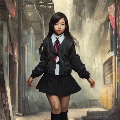 Image similar to a perfect, realistic professional oil painting of a Japanese schoolgirl posing in a dystopian alleyway, style of Marvel, full length, by a professional American senior artist on ArtStation, a high-quality hollywood-style concept