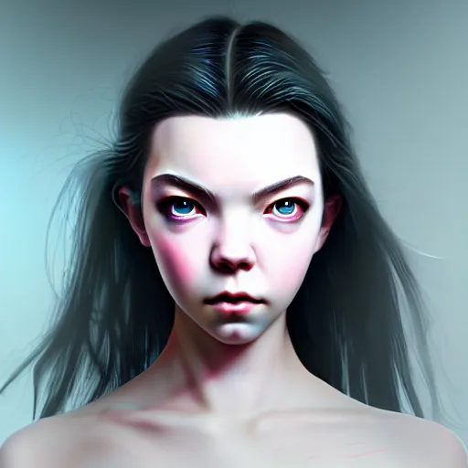 Image similar to closeup front orthographic portrait of anya taylor joy seductive cyberpunk, japanese style, high detail, soft studio lighting, full frontal lighting, digital photography, hyper realistic style, style of masamune shirow