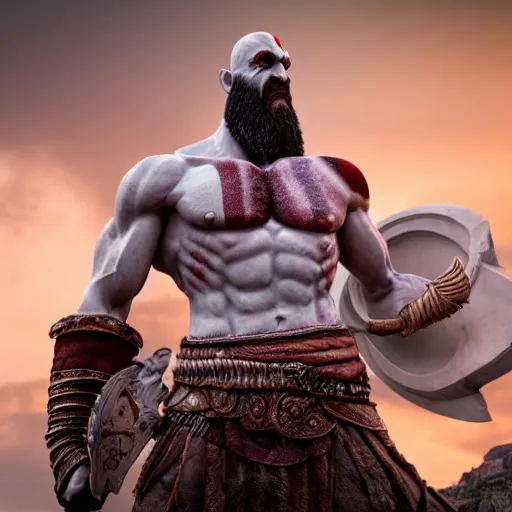 Image similar to A giant marble statue of Kratos from God Of War, hyper-realistic, 8K HDR, sunset.