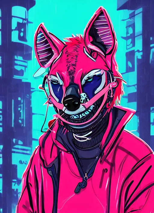 Image similar to digital drawing of anthromorphic hyena female drawn in cell shaded, fursona, furry fandom, neon rainy cyberpunk setting, anthro, wearing cyberpunk 2 0 7 7 jacket, detailed face,