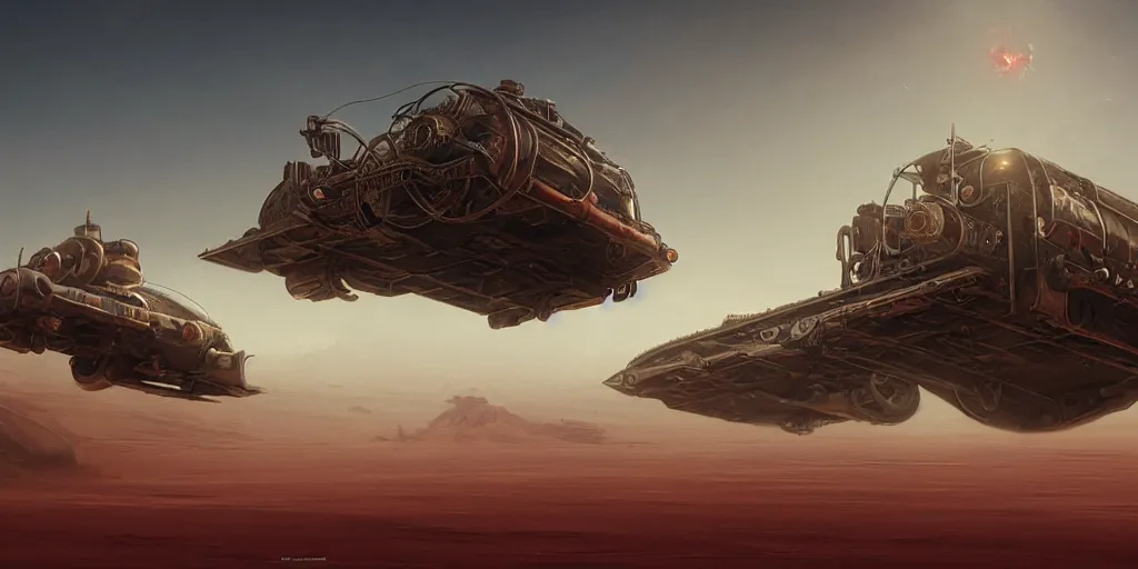 Image similar to steampunk hovercraft speeding across a red desert, greg rutkowski, 8 k, shallow depth of field, intricate detail, concept art,