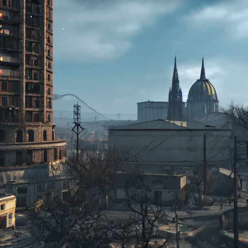 Image similar to fallout 5 set in budapest, 8 th district, game screenshot, 4 k, high detail