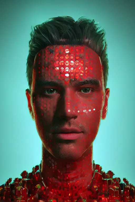 Image similar to fantasy portrait of a man, red intricate hexagons, glow, cinematic, abstract, wlop, artgerm, octane render