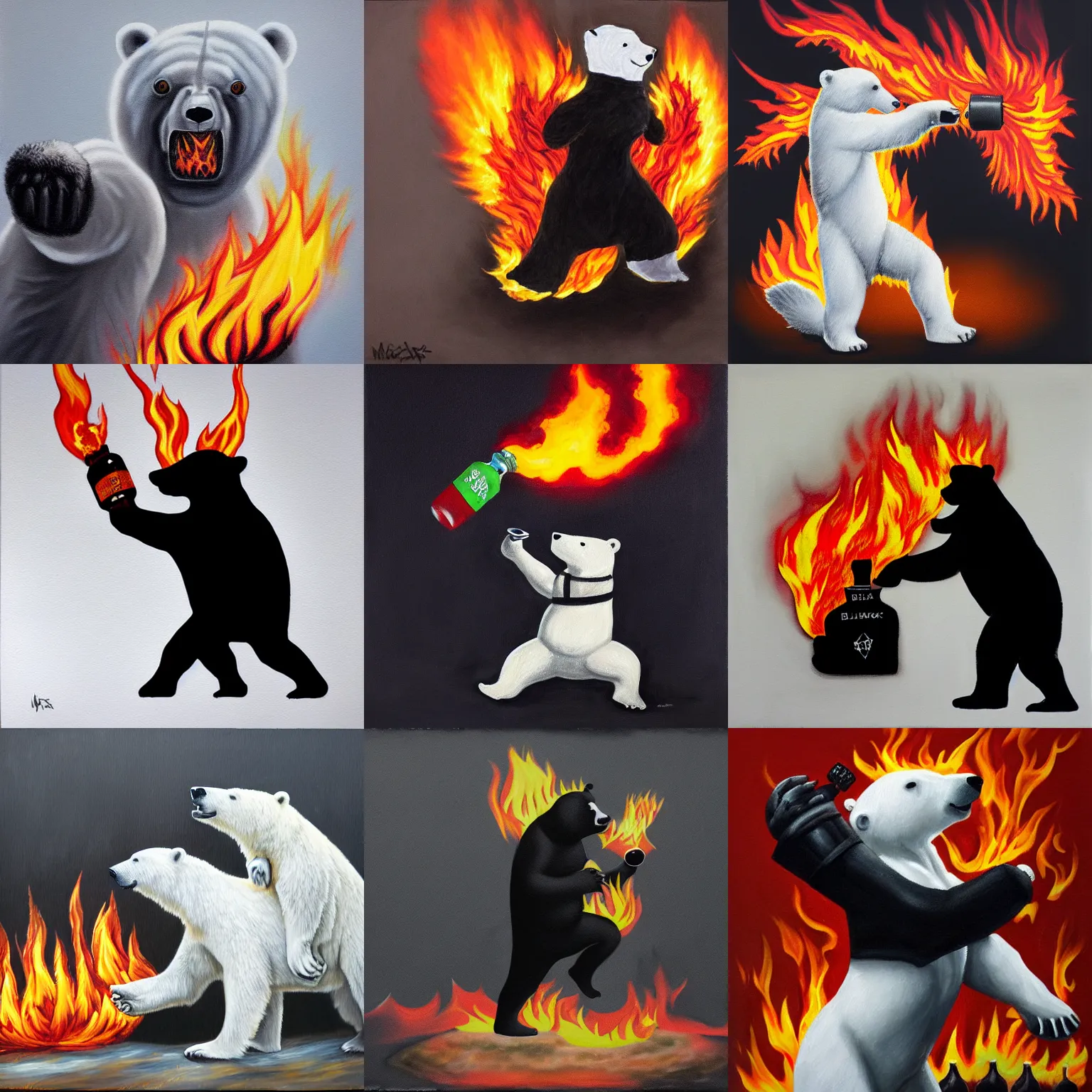 Prompt: polar bear wearing black bloc throwing a flaming bottle, photorealistic painting