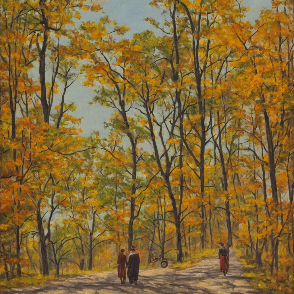 Prompt: 1 9 4 0 s american realist oil painting of walking together in the late afternoon light of gatineau park in october