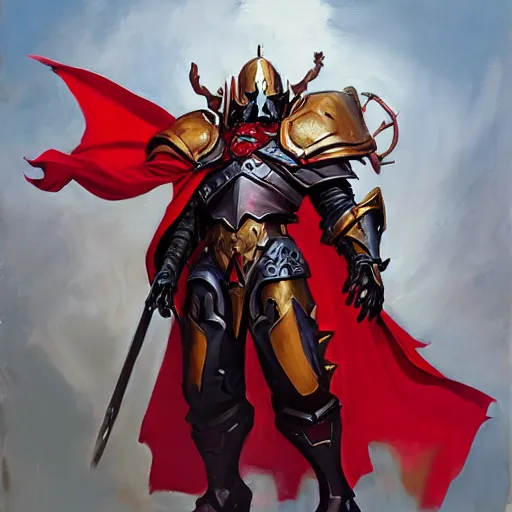 Image similar to greg manchess portrait painting of armored ainz ooal gown aka momon in a red cloak as overwatch character, medium shot, asymmetrical, profile picture, organic painting, sunny day, matte painting, bold shapes, hard edges, street art, trending on artstation, by huang guangjian and gil elvgren and sachin teng