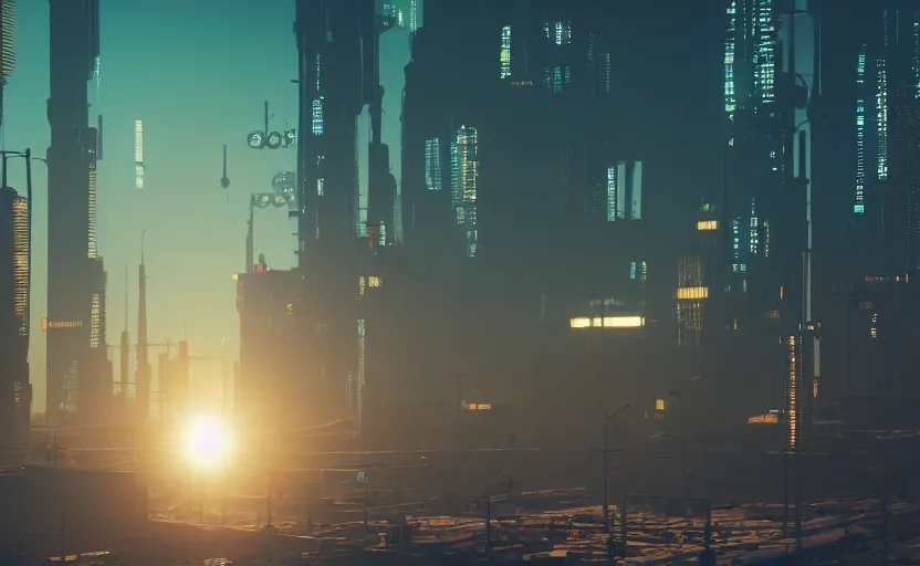 Prompt: polluted cyberpunk city with factories in the backround. daylight. sunlight. lens flare. light fixtures. 8 k. detailed. photorealism. artstation. 2 5 mm f / 1. 7 asph lens. ultra realistic