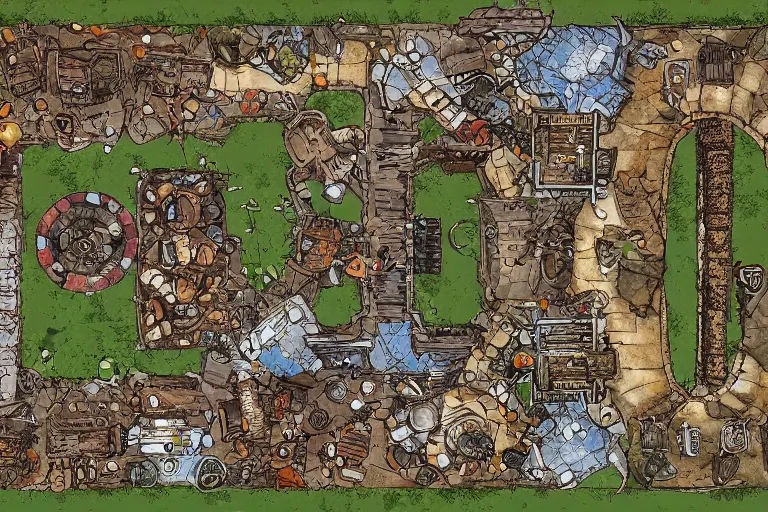 Image similar to dungeons and dragons battle map. old scrapyard. lots of junk and debris. high definition illustration. top down battle map.