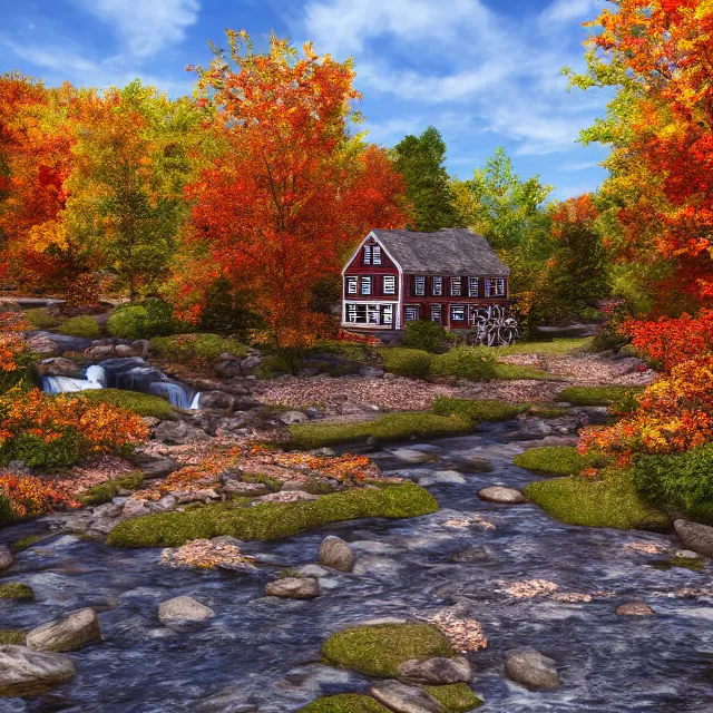 Image similar to small new england colonial village on a river in the white mountains of new hampshire, fall foliage, realistic, unreal engine render, octane render, hyper realistic, photo, 8 k