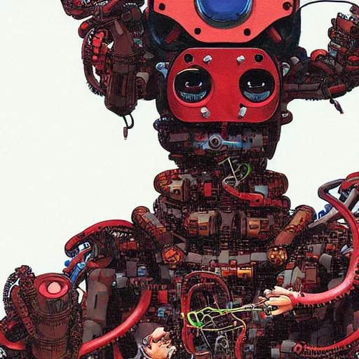 Prompt: robotic david vs goliath, antagonist, satoshi kon color palette, face covered with robot parts and wires, wearing futuristic layered scaphander with lot tentacles, arzach birds around, painting by moebius and satoshi kon and dirk dzimirsky close - up portrait