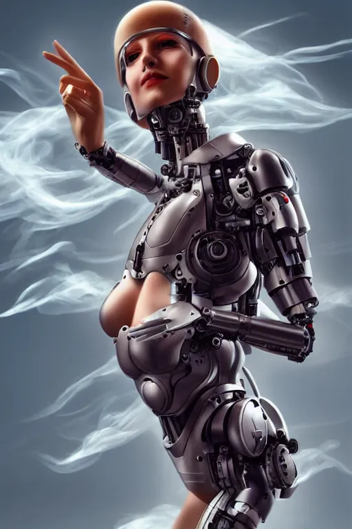 Image similar to a (cyborg) woman floats in the air surrounded by a mechanical hand-shaped cloud of smoke by Artgerm