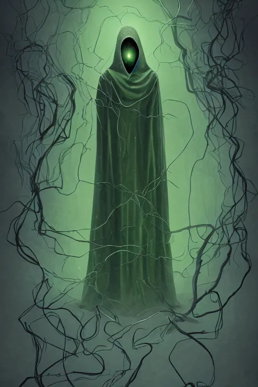 Image similar to A full body portrait of a mysterious character with no face, glowing eyes and a very long hooded dark green cloak, vines coming out the ground art by Shaddy Safadi and Jason Chan, ominous, cosmic horror, trending on artstation, Ultra detailed, hyper realistic 4k