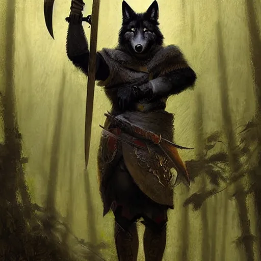 Prompt: furry anthro digital art of an anthropomorphic fluffy black wolf warrior man wearing a yellow cloak standing in the forest holding a sword in his hands Greg Rutkowski masterpiece portrait