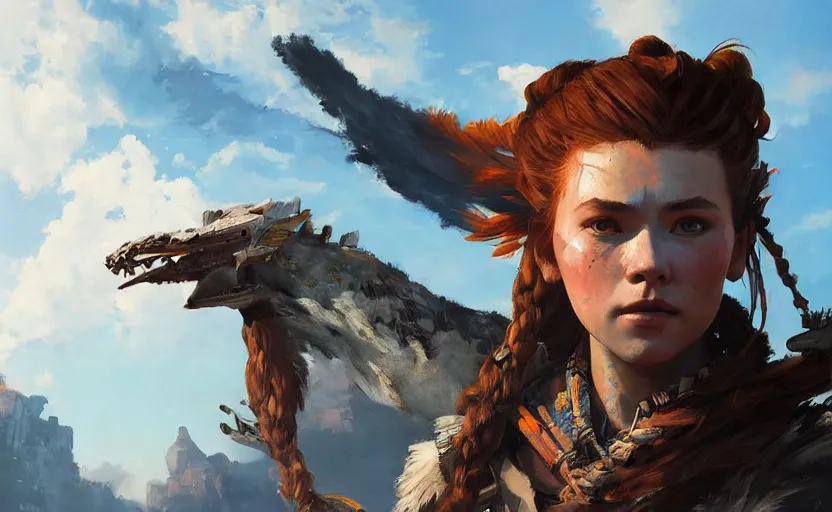 Image similar to A painting of Aloy from Horizon Zero Dawn trending on artstation in the style of Greg Rutkowski