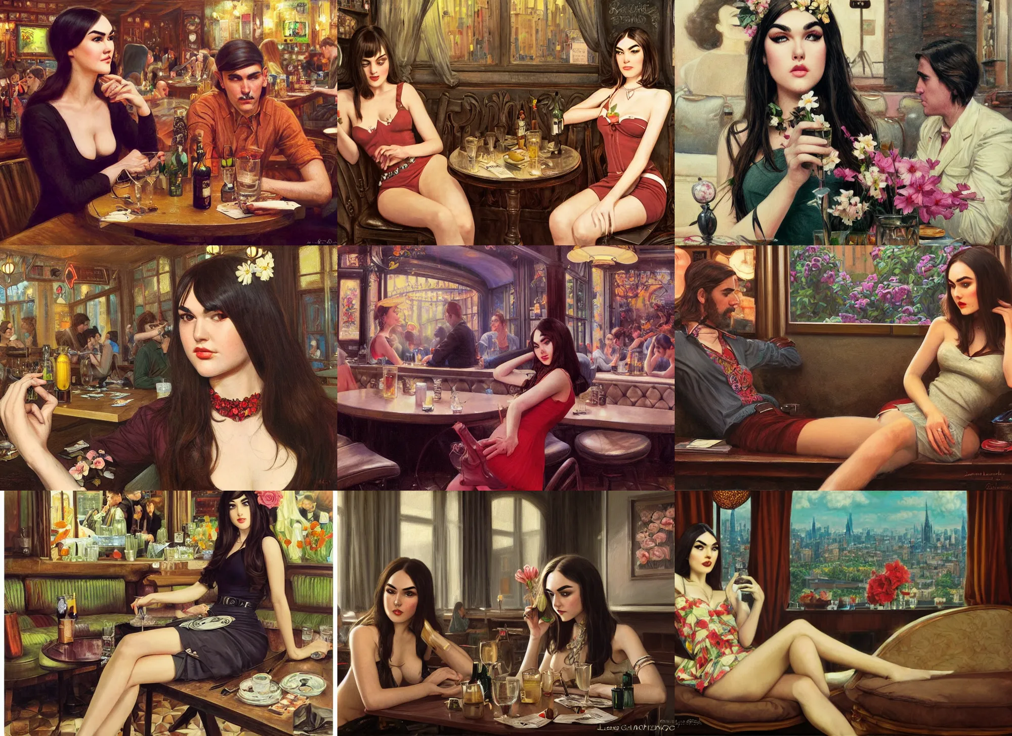 Prompt: sophisticated Sasha Grey as a 1960s flower hippie relaxing in a smokey Paris tavern, elegant, highly detailed, shallow depth of field, concept art, Artstation, Artgerm, Donato Giancola, Joseph Christian Leyendecker