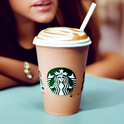 Prompt: ariana grande as the starbucks logo on the cup of a latte