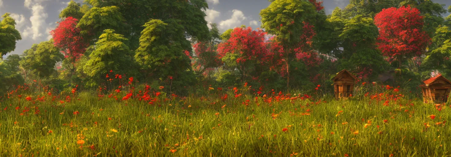 Image similar to crimson - black beehive, large bee hive, in a beautiful forest meadow village landscape, flowers, happy trees, photorealistic, octane render, rtx, hdr, unreal engine, digital art widescreen 8 k, studio ghibli, bob ross, pixar, bee movie, disney