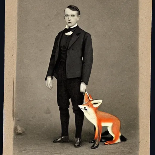 Image similar to male fox wearing tuxedo, victorian era