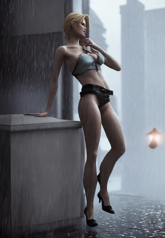 Image similar to playboy model annie leonhart posing with open toe heels in dunwall city, beautiful face, detailed face, cinematic lighting, rainy weather, melancholy atmosphere, volumetric light, octane render, gothic architecture, realistic reflections, octane render 8 k, model agency, instagram photo