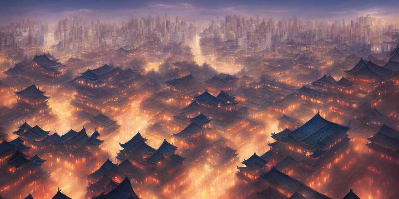 Prompt: a beautiful painting of a ancient big city of china, light effect, unreal engine, super wide angle, by yuumei and yanjun chen, trending on artstation