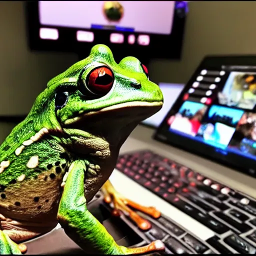 Prompt: frog doing a live stream on twitch