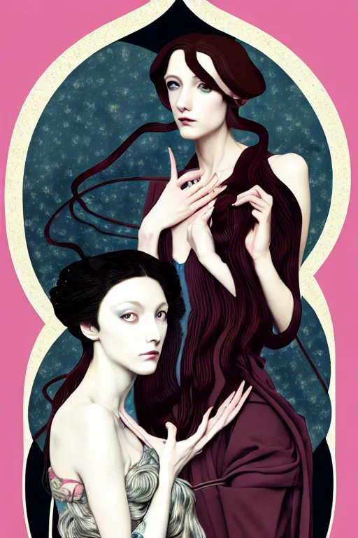 Prompt: a triad of winter muses, style blending æon flux, shepard fairey, botticelli, ivan bilibin, and john singer sargent, inspired by pre - raphaelites, shoujo manga, and harajuku fashion, stark landscape, muted dark colors, superfine inklines, ethereal, otherworldly, 4 k photorealistic, arnold render