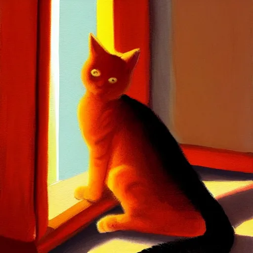 Image similar to painting of orange cat with white stripes in a room, with a window shining light into the room, magic hour