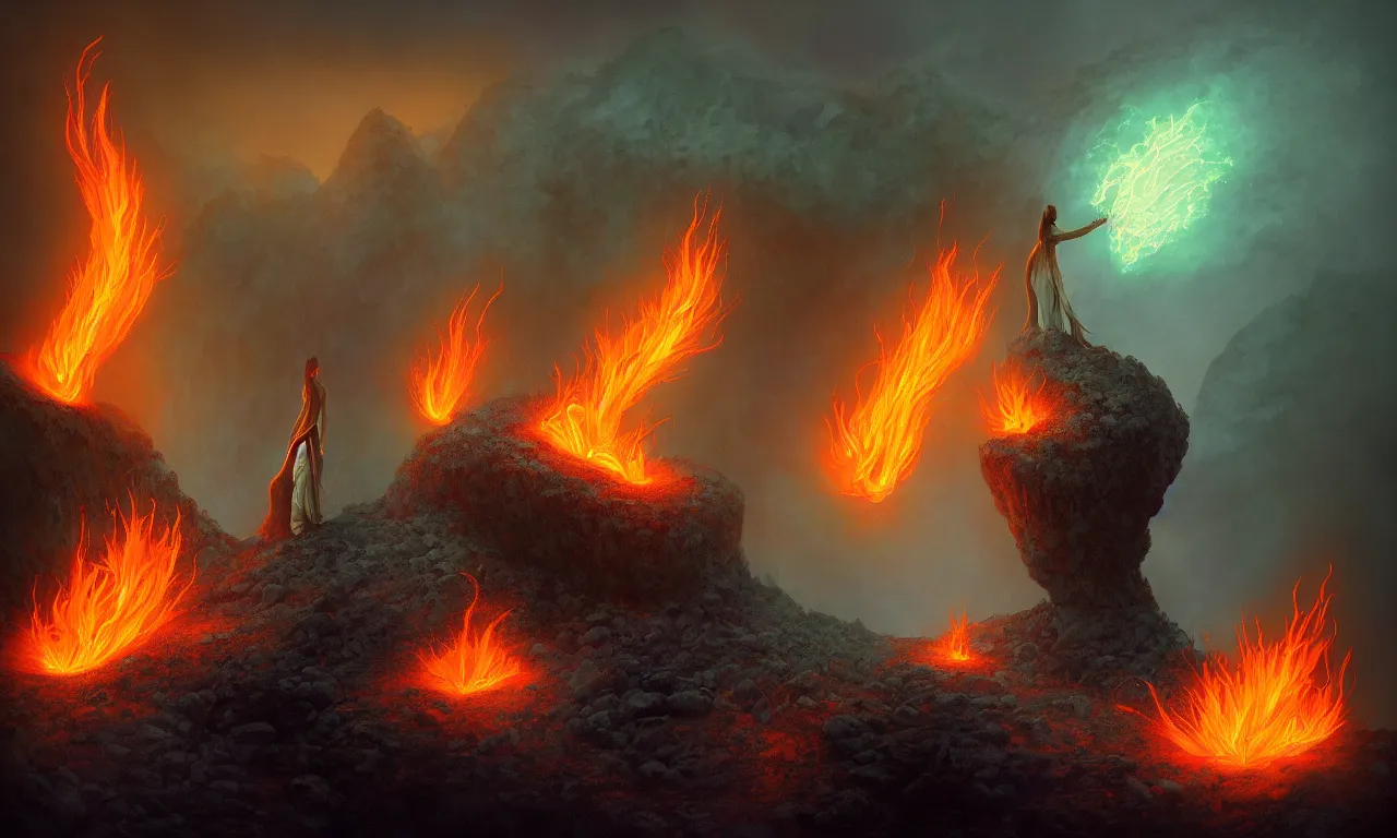 Prompt: The wandering lava mage standing on the misty edge of a fiery caldera by Bastien L. Deharme and Gerald Brom and Mark Arian and Hubert de Lartigue, smooth round rocks, blue flames, low light, glowing orange and purple crystals, green vines, misty, smoky, tonalism, sfumato