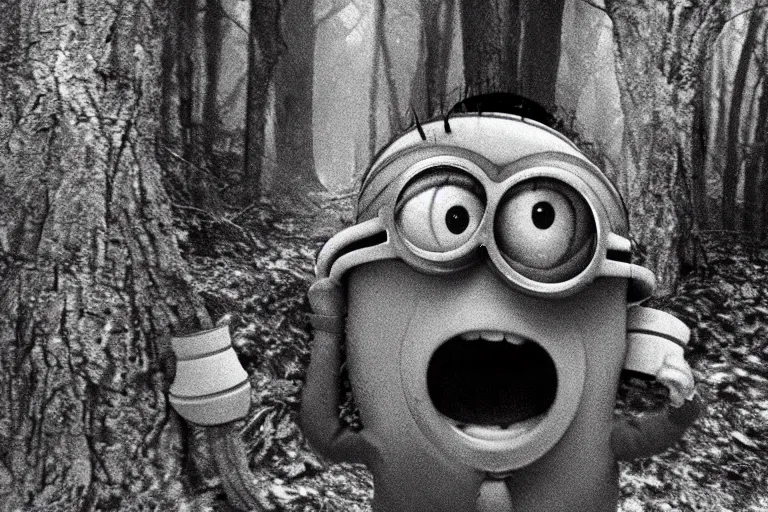 Image similar to a still of a minion in blair - witch project ( 1 9 9 9 ), real life, cinematic, detailed, move still, ultra realistic face, accurate, 8 k, hd