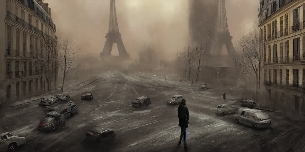 Image similar to nuclear winter, paris, near future, fantasy, sci - fi, hyper realistic, serene morning.