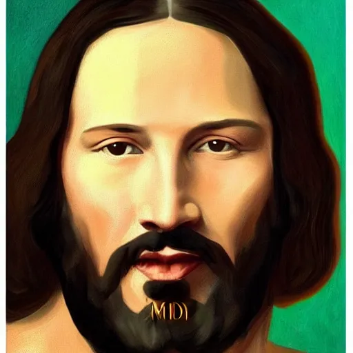 Image similar to painting of keanu reeves with beard in the style of mona lisa, painting by leonardo da vinci