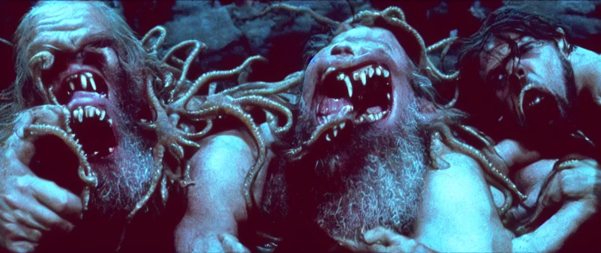 Image similar to filmic extreme wide shot movie still 4 k uhd interior 3 5 mm film color photograph of a bearded man with living teeth and tentacles grabbing another man who is screaming oh my god in the style of the horror film the thing 1 9 8 2