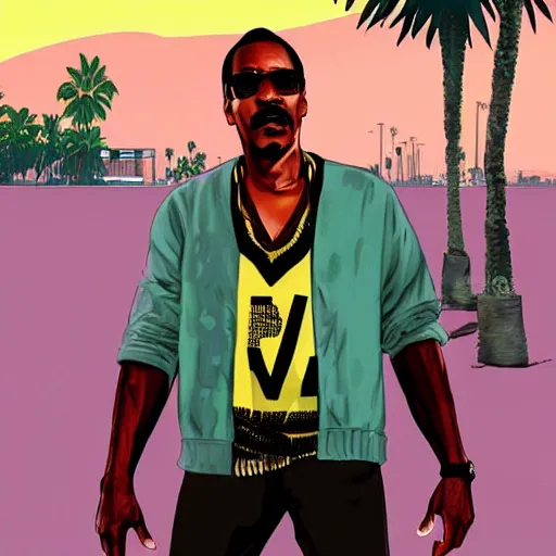 Image similar to Eddie Murphy in GTA V. Los Santos in the background, palm trees. In the art style of Stephen Bliss