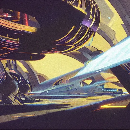 Image similar to holographic synthesis, close - up view, cinematic lighting, science - fiction, detailed, matte painting, syd mead, john harris,