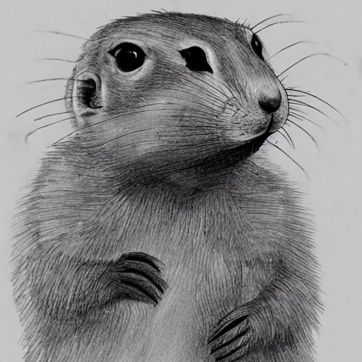 Prompt: a prairie dog wearing a predator mask, black and white sketch