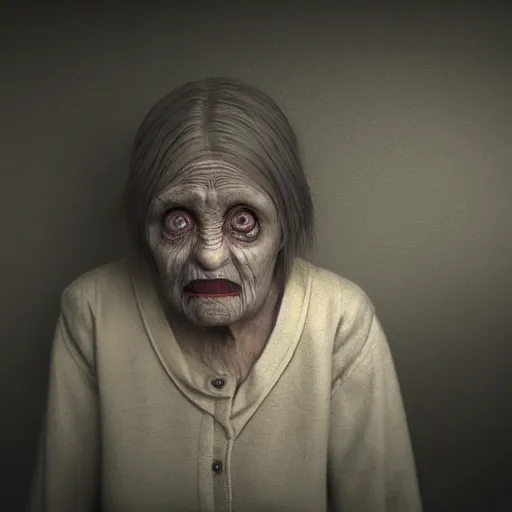 Image similar to a highly detailed photographic render of a creepy old woman in a dark room, haunted living room, horror, bloody, ghost, creepy, cinematic lighting, cinematic scene, Volumetric lighting, Atmospheric scene, Dark, Horror, Atmospheric lighting, Global illumination cinematic render, film, beautifully lit, ray traced, octane 3D render, octane render, unreal engine