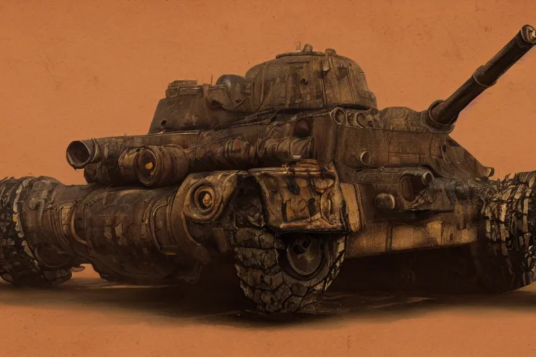 Prompt: hellfire panzer tank strokeed by the echo, mad max, in the style of hannes bok and doug chiang and vernon grant, trending on artstation, back lighting rear view steampunk, blueprint, muted colors, gothic, tachisme