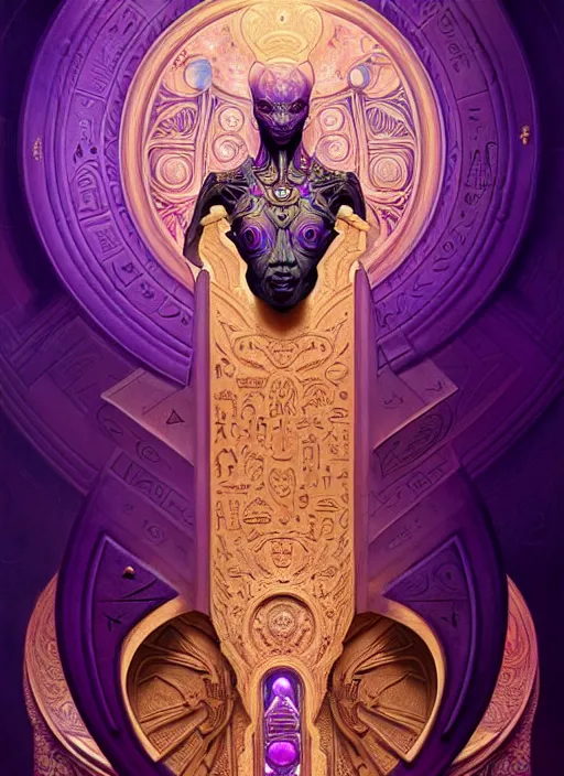 Prompt: ornate alien sacred sarcophagus, art nouveau hieroglyphics, lavender and gold palette, symmetry, fantasy, intricate, elegant, highly detailed, colorful, dark colors, dramatic shadow, digital painting, artstation, concept art, art by artgerm and greg rutkowski and ruan jia and fromsoftware