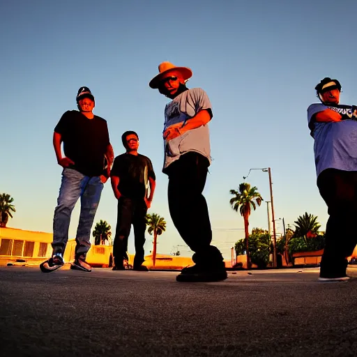 Prompt: Chicano Homeboys Hanging Out as Friends in East Los Angeles at Sunset