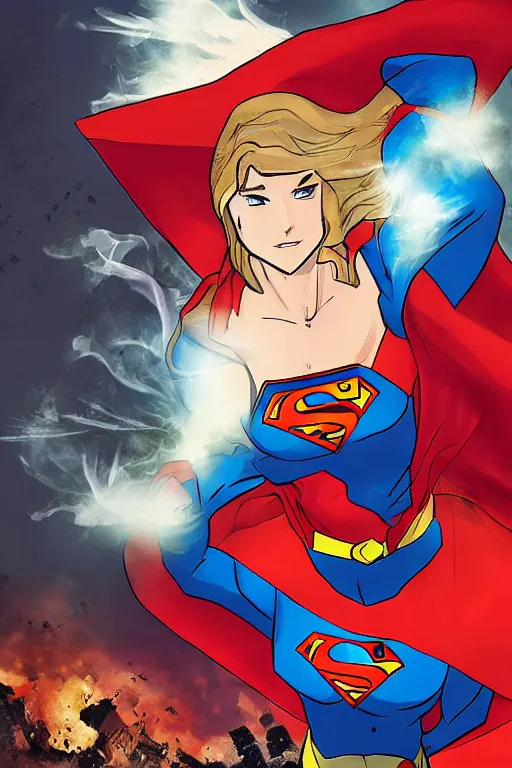 Prompt: a dramatic scene of supergirl leaping onto a tank and smashing it, on a battlefield, smoke, fires, explosions, manga art, close - up, low angle, wide angle, highly detailed