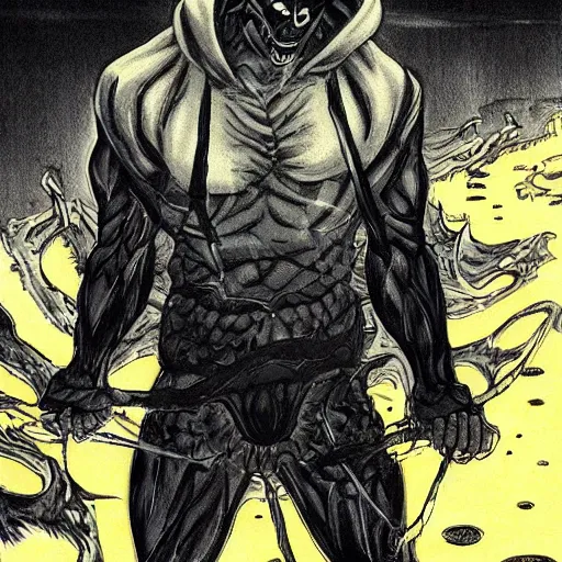 Prompt: japanese demon in a black hoodie, standing by a nuclear river rumble and destruction, dark, realistic, comic style, todd mcfarlane