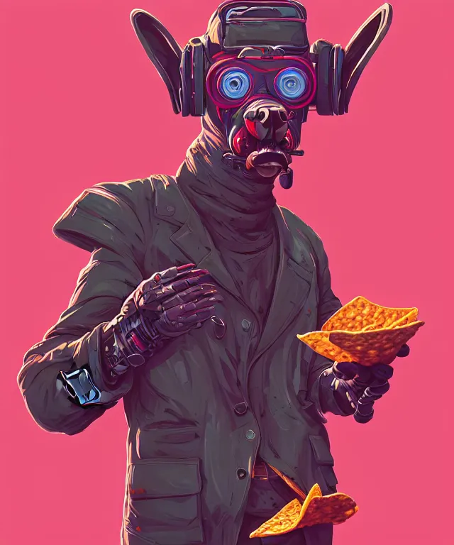 Image similar to a portrait of an anthropomorphic cyberpunk dachshund dog eating nachos, cyberpunk!, fantasy, elegant, digital painting, artstation, concept art, matte, sharp focus, illustration, art by josan gonzalez