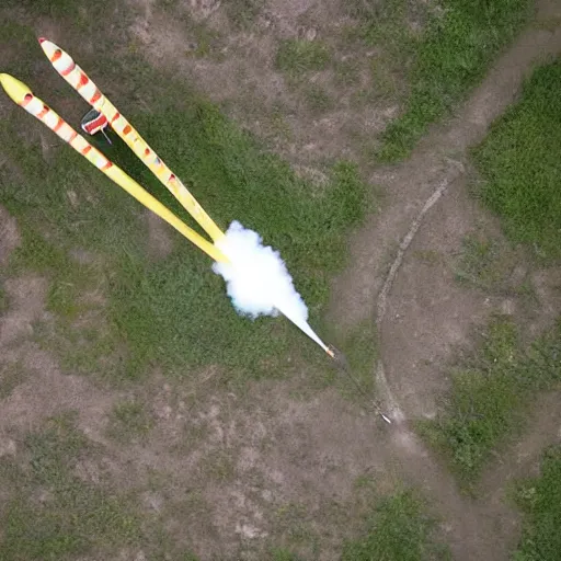 Prompt: banana rocket launch from above. Rocket is banana.