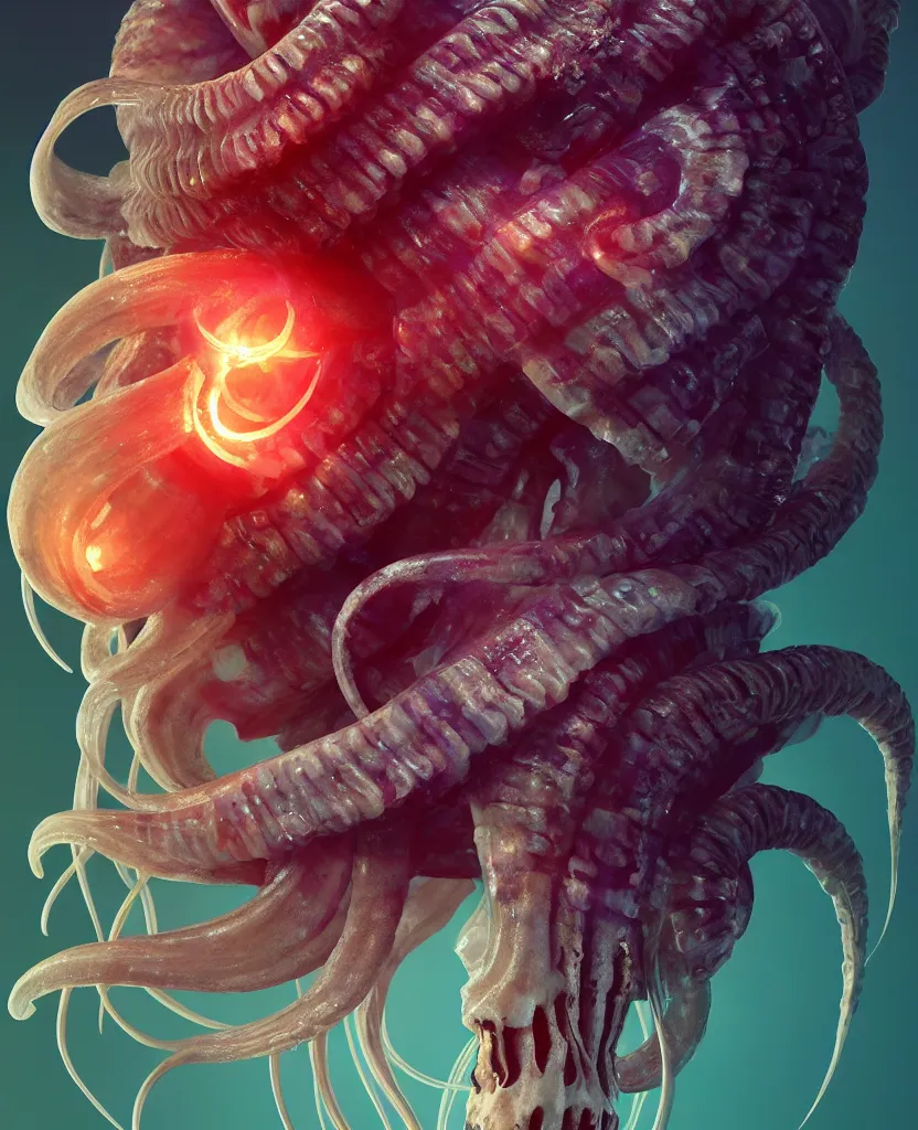 Image similar to goddess close-up portrait ram skull. jellyfish phoenix head, nautilus, orchid, skull, betta fish, bioluminiscent creatures, intricate artwork by Tooth Wu and wlop and beeple. octane render, trending on artstation, greg rutkowski very coherent symmetrical artwork. cinematic, hyper realism, high detail, octane render, 8k