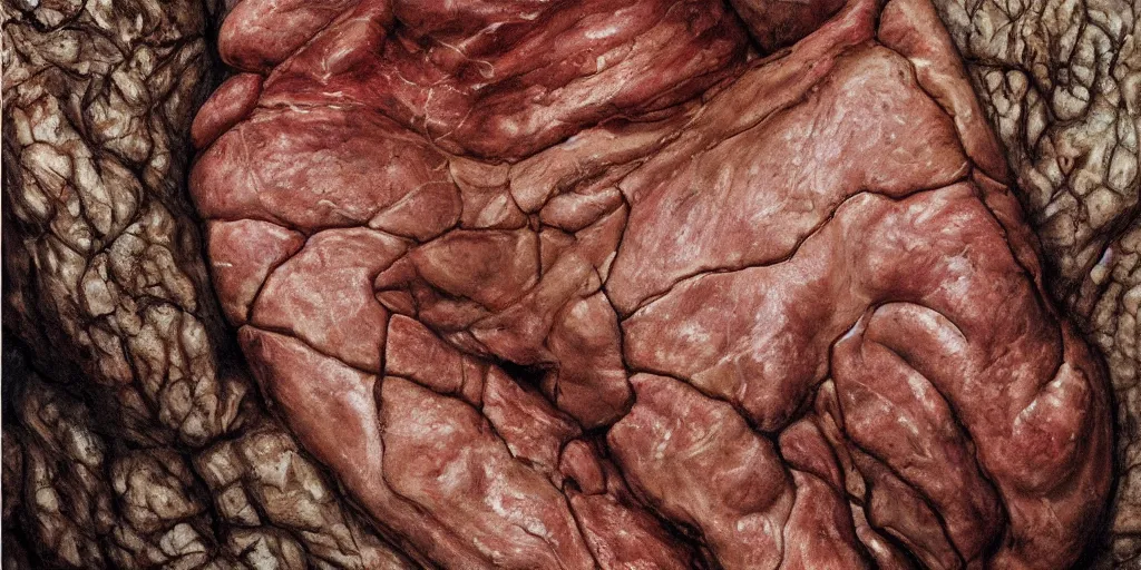 Prompt: medical detail of flesh skin painitng, wrinkles and muscles, meat veins, body haris and rock lichens, 4k, oil on canvas, photorealistic, soft light, cinematic lighting, vibrant, macro details, contrasting, nightscape