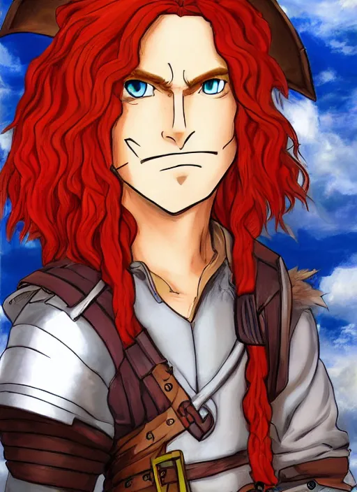 Prompt: An fantasy pokemon anime style portrait of a long haired, red headed male sky-pirate in front of an airship