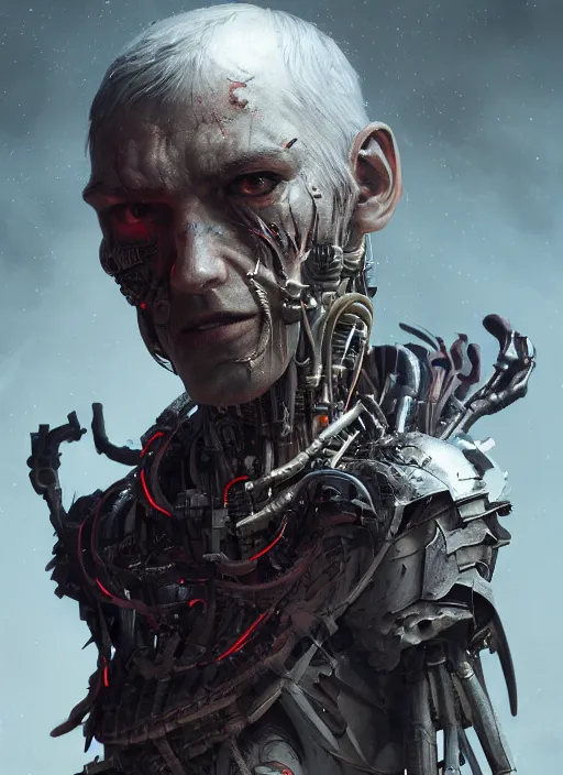 Prompt: A portrait of a monstrous half human half cyborg by Greg Rutkowski, Sung Choi, Mitchell Mohrhauser, Maciej Kuciara, Johnson Ting, Maxim Verehin, Peter Konig, Bloodborne , 8k photorealistic, cinematic lighting, HD, high details, dramatic, atmospheric , trending on artstation