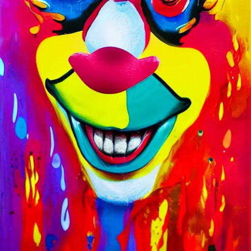 Prompt: a cheerful clown, vibrant colors, drip painting, 8 k