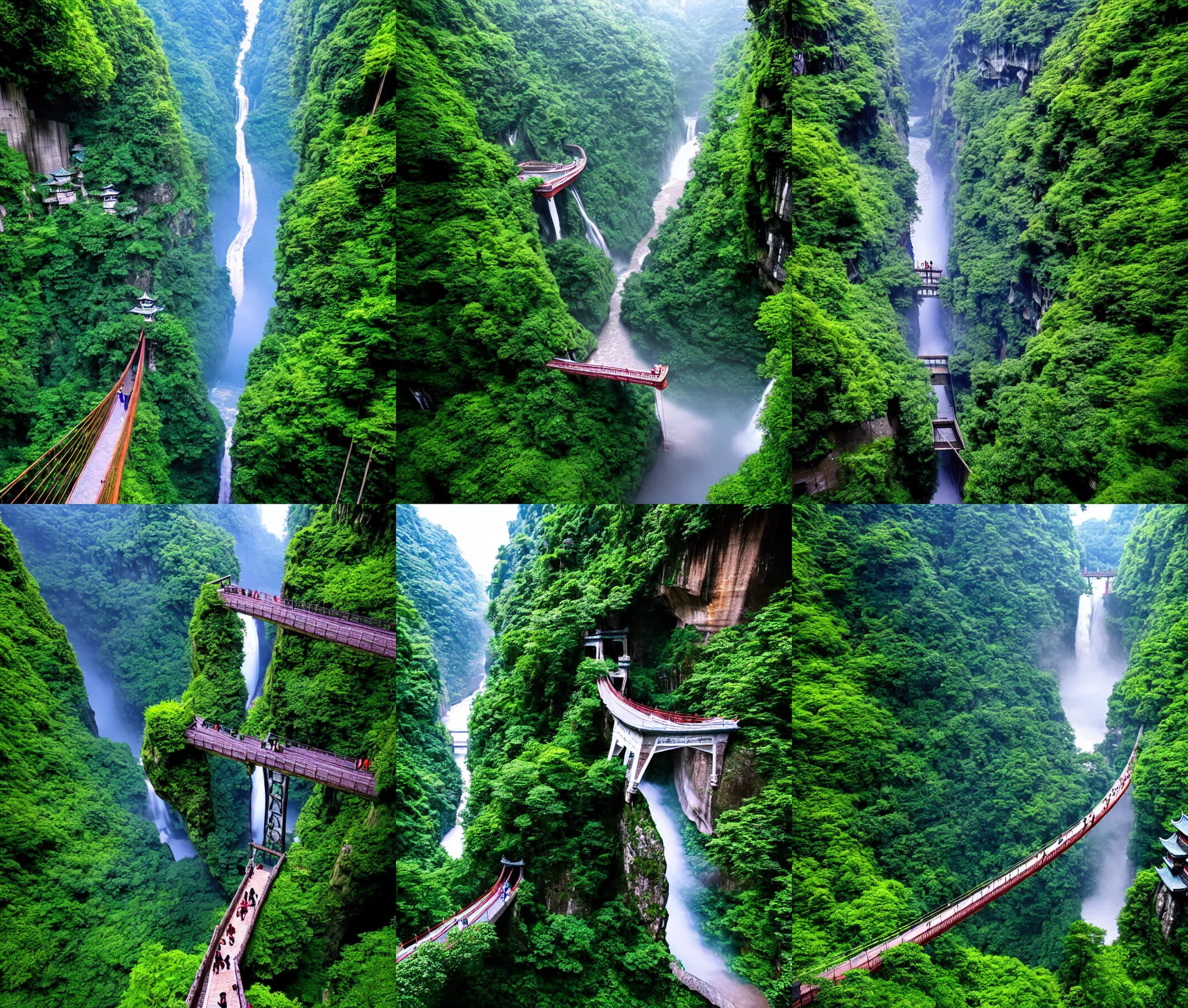 Prompt: establishing wide shot inside han son doong with waterfalls on either side of the cliff walls, an old suspension bridge spans the walls, at the top of the cliff is a japanese castle