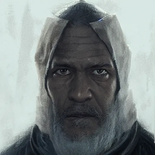 Prompt: portrait of a man by greg rutkowski, old jedi master, black, he looks like laurence fishbourne, star wars expanded universe, he is about 6 0 years old, wearing jedi robes, highly detailed portrait, digital painting, artstation, concept art, smooth, sharp foccus ilustration, artstation hq